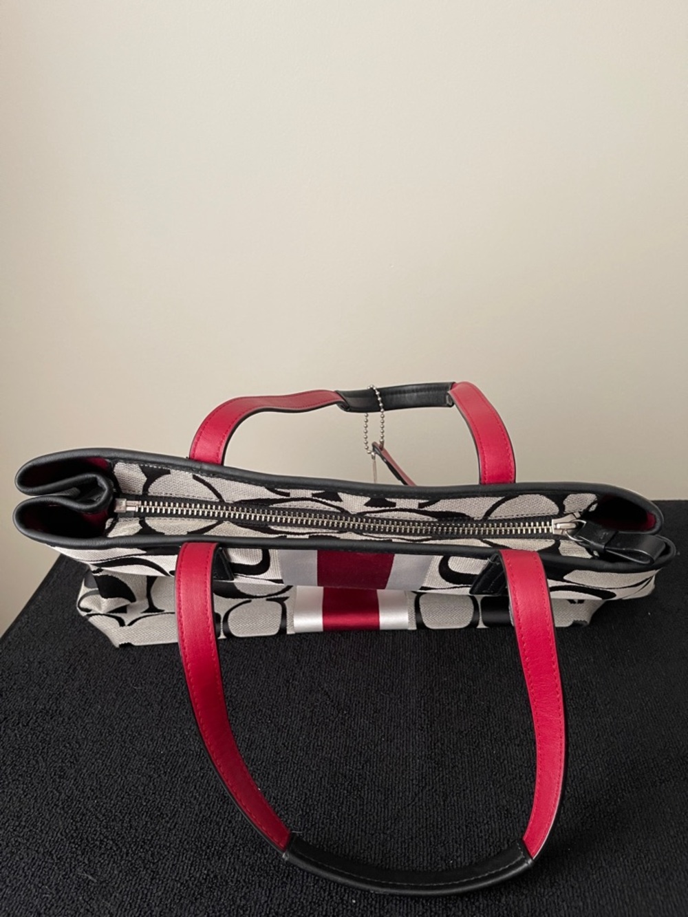 Coach Signature Stripe Tote Bag in Black, Gray & Red - Picture 8 of 10